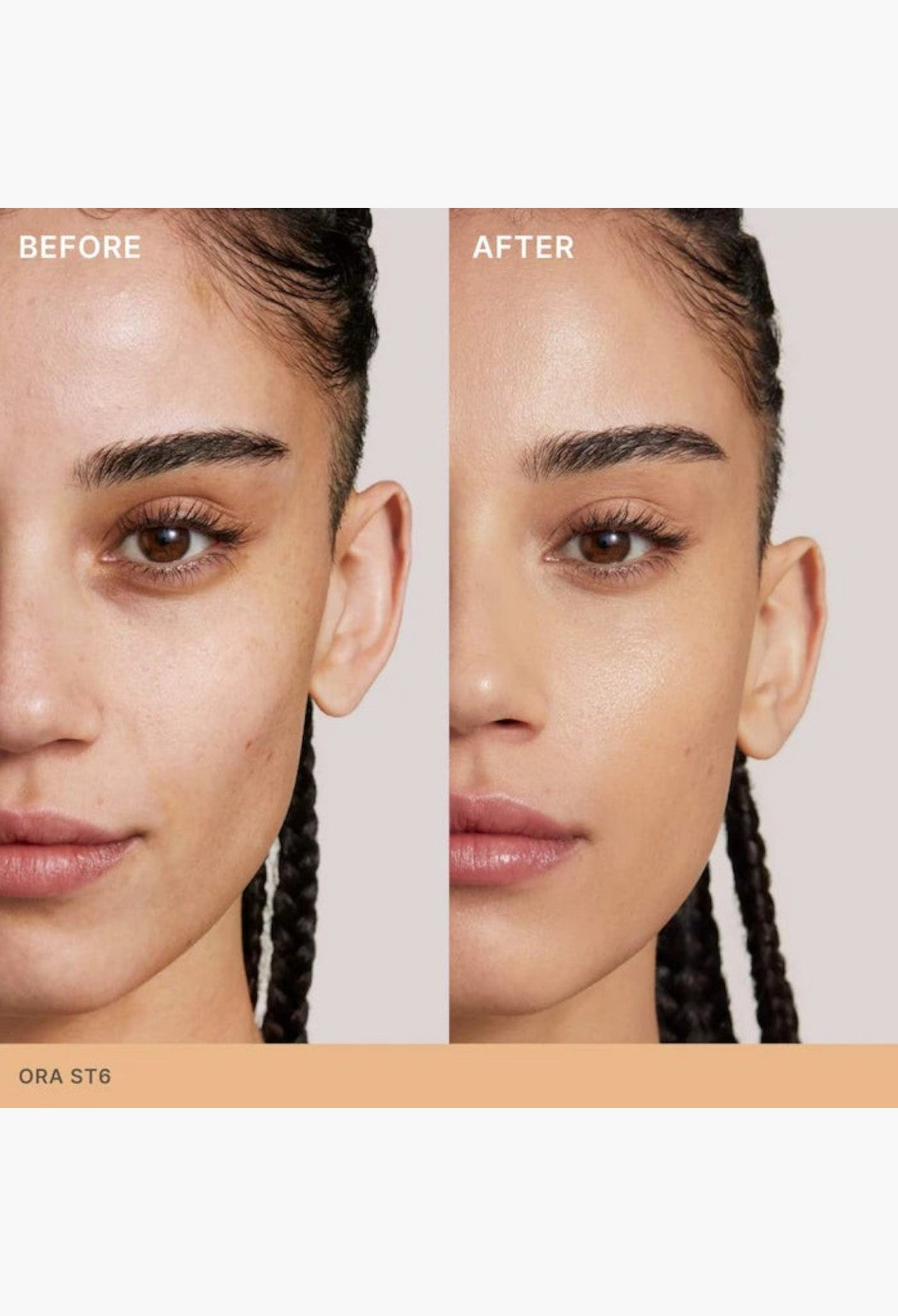 GLAM MODA Super Serum Skin Tint SPF 40 showing a before and after comparison of radiant light coverage on skin