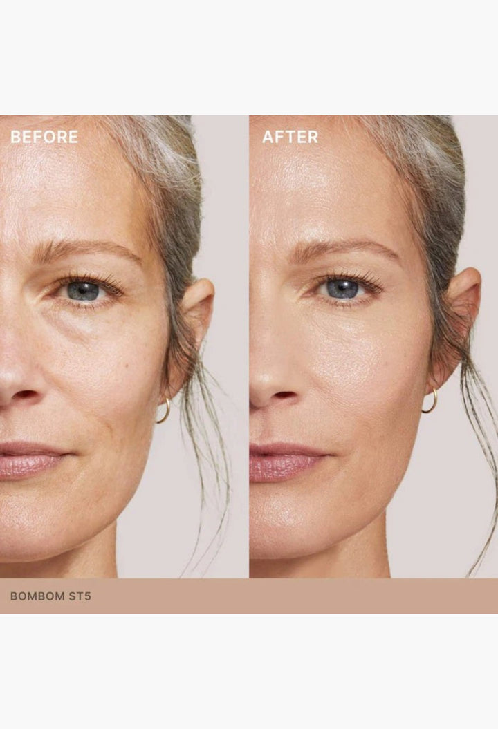 GLAM MODA Super Serum Skin Tint SPF 40 before and after comparison showing radiant skin and improved texture