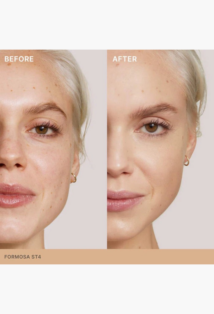 GLAM MODA Super Serum Skin Tint SPF 40 before and after application on a model showing radiant light coverage