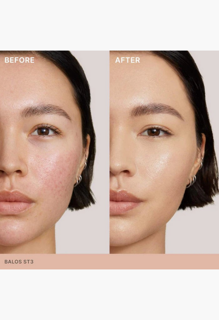 GLAM MODA Super Serum Skin Tint SPF 40 showing before and after application for radiant, even skin tone coverage