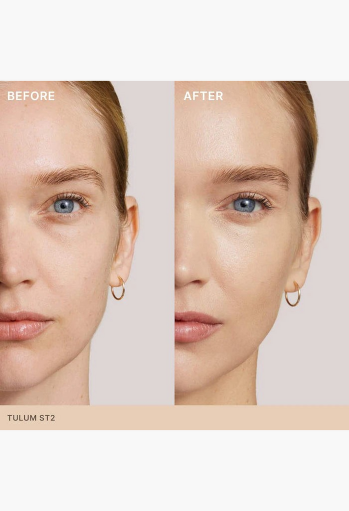 GLAM MODA Super Serum Skin Tint before and after application showing radiant finish and even skin tone on a model