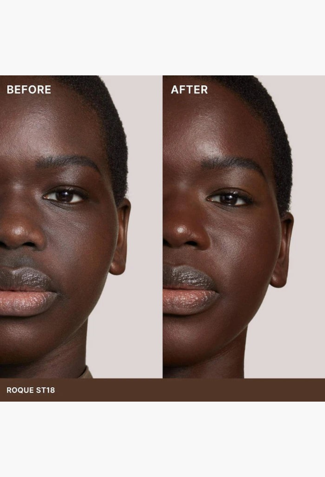 GLAM MODA Super Serum Skin Tint before and after application on a model showing radiant light coverage