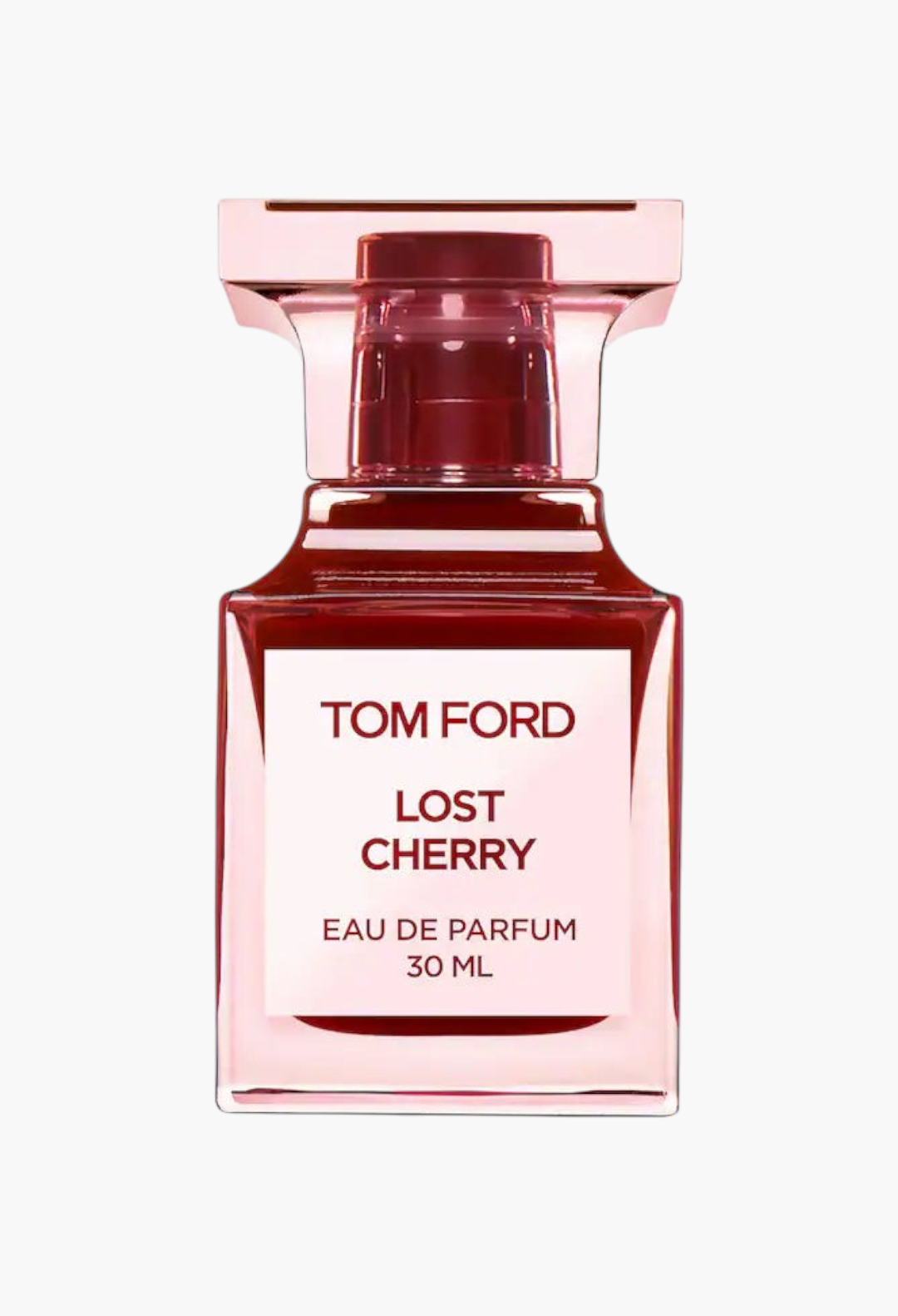 GLAM MODA Tom Ford Lost Cherry Eau de Parfum in a deep cherry-red glass bottle with a pale-pink label.
