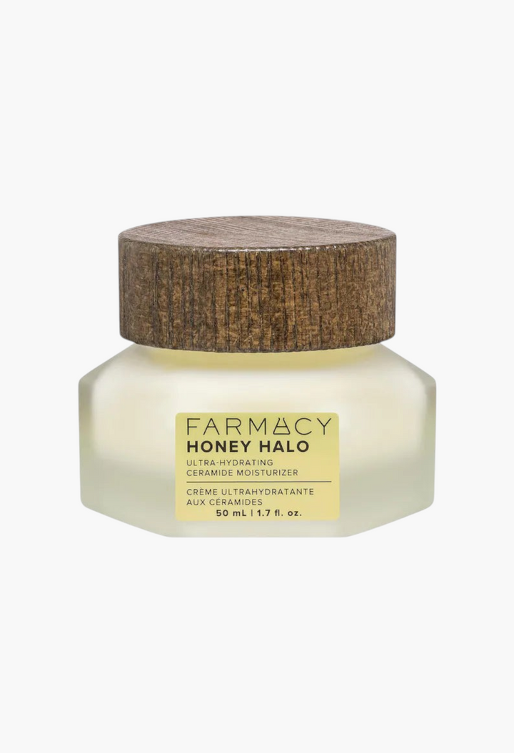 GLAM MODA Honey Halo ultra-hydrating ceramide moisturizer in a glass jar with a textured wooden lid.