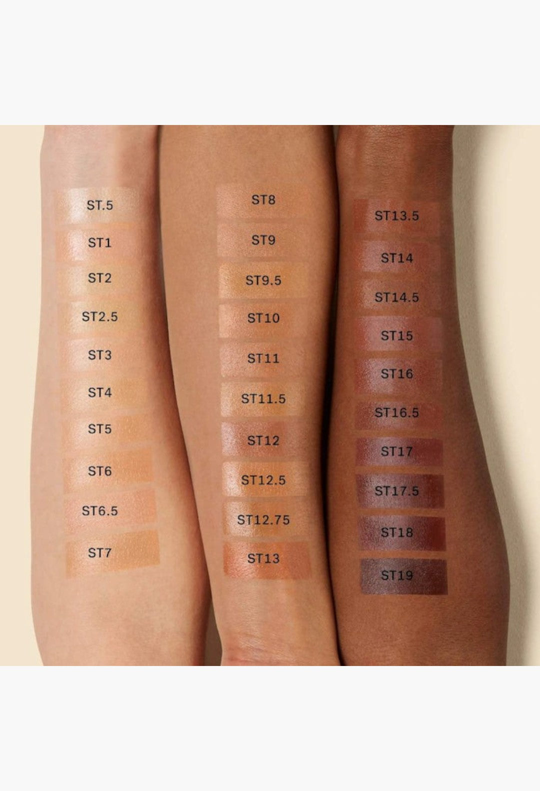 GLAM MODA Super Serum Skin Tint SPF 40 swatches on three different skin tones showing various shade ranges