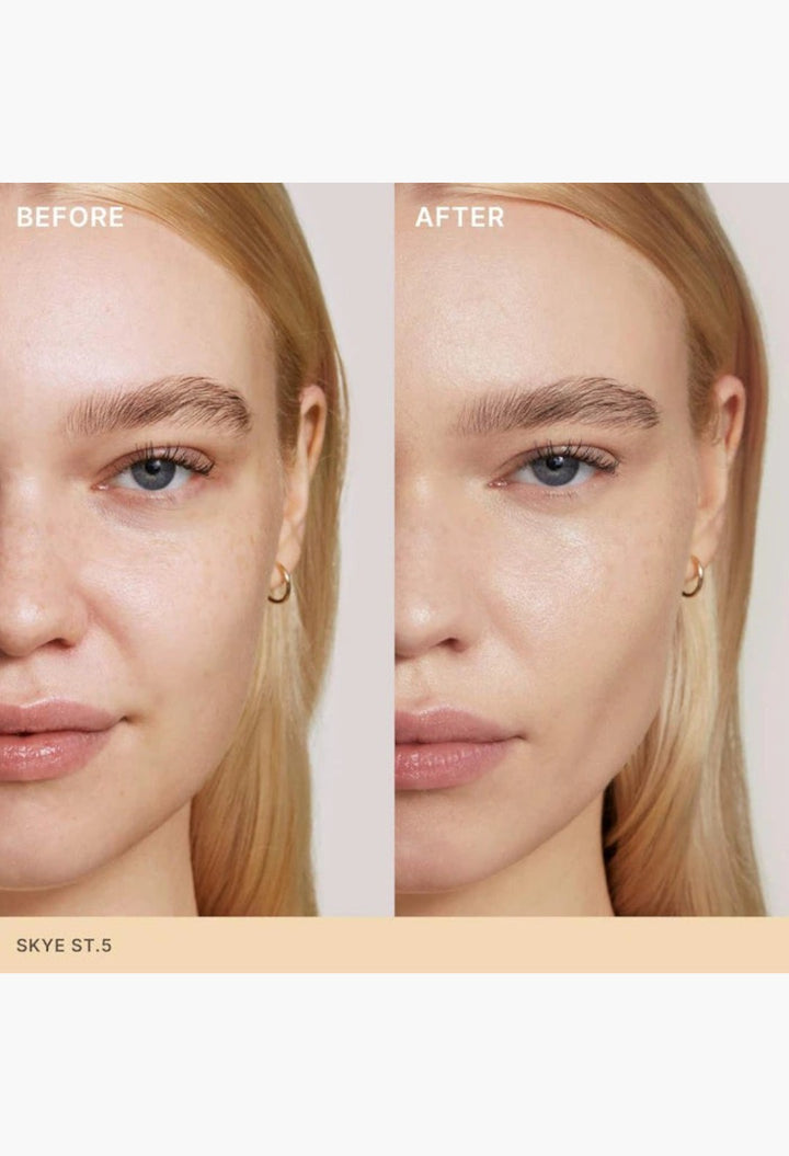 GLAM MODA Super Serum Skin Tint before and after application on a model showing radiant coverage and even skin tone