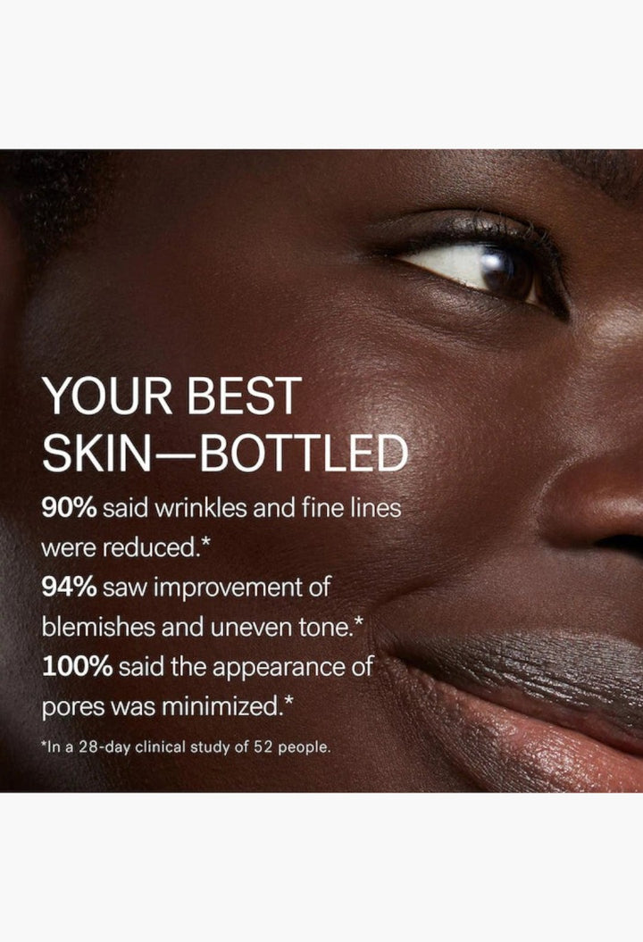 GLAM MODA Super Serum Skin Tint model with radiant, dewy skin showing clinical results for reduced pores and wrinkles