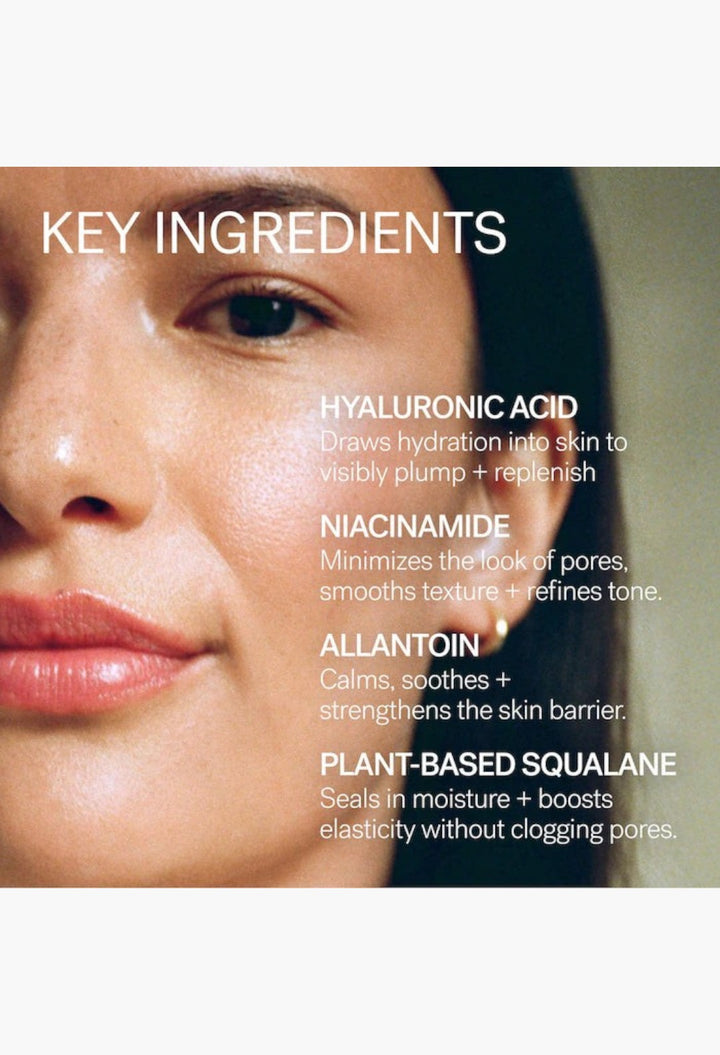 GLAM MODA Super Serum Skin Tint featuring key ingredients like hyaluronic acid, niacinamide, allantoin, and squalane.