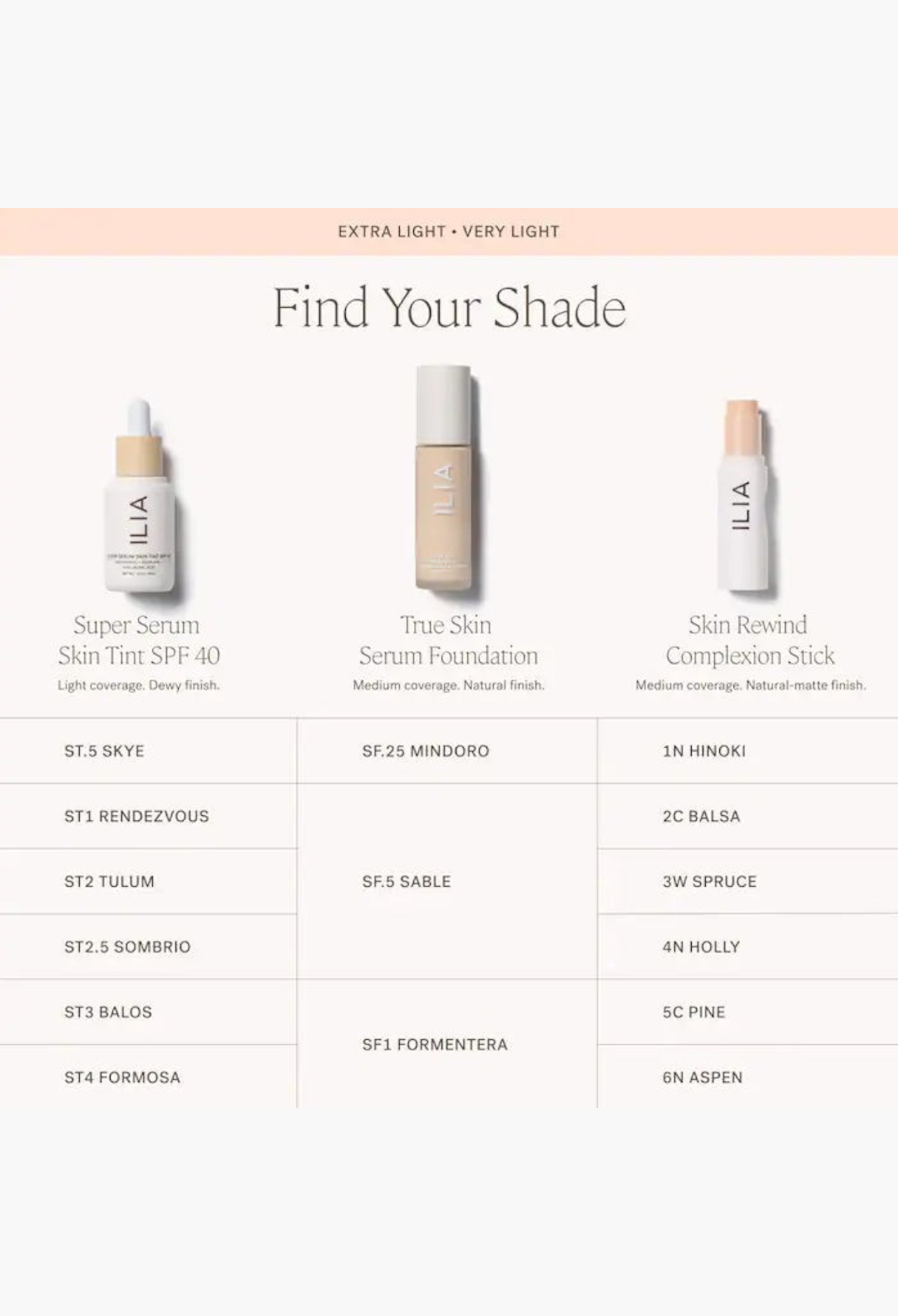 GLAM MODA shade finder chart comparing ILIA Super Serum Skin Tint, True Skin Serum Foundation, and Complexion Stick.