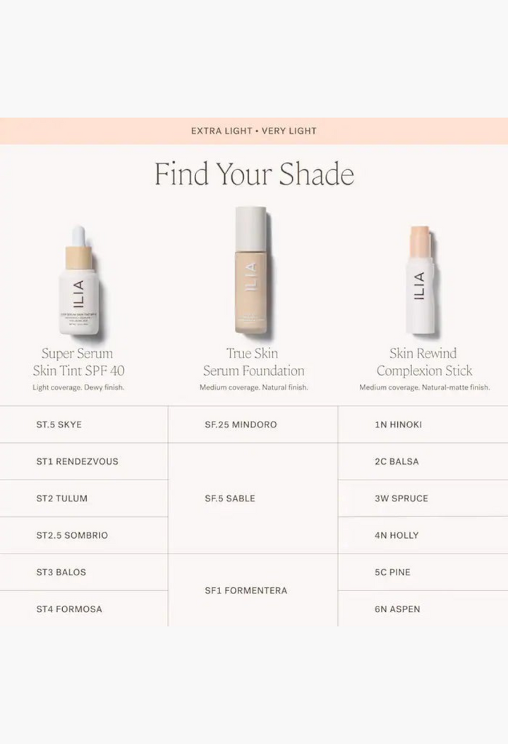 GLAM MODA shade finder chart comparing ILIA Super Serum Skin Tint, True Skin Serum Foundation, and Complexion Stick.