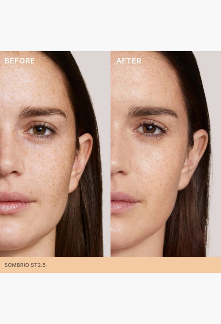 GLAM MODA Super Serum Skin Tint before and after comparison showing radiant light coverage on a woman's face.