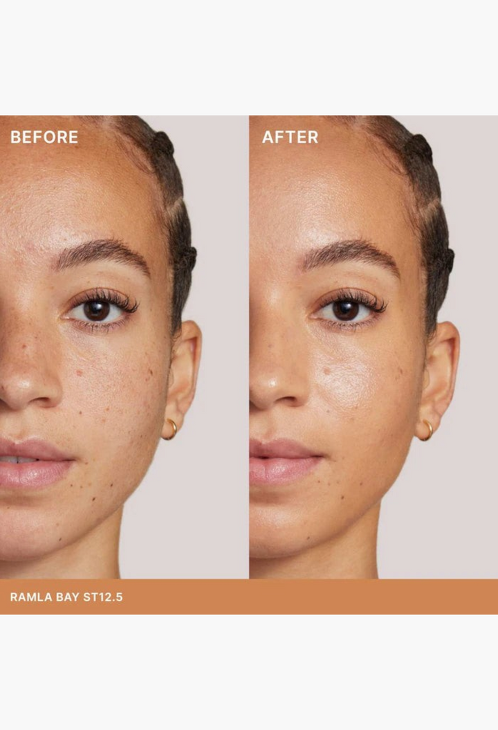 GLAM MODA Super Serum Skin Tint before and after comparison showing radiant light coverage on model skin