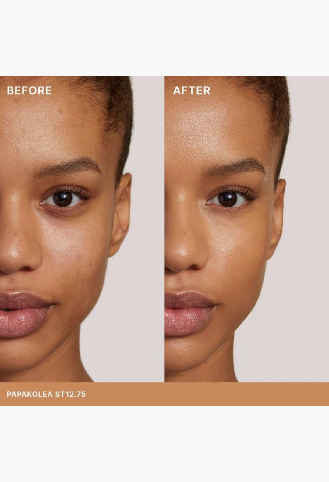 GLAM MODA Super Serum Skin Tint before and after comparison showing radiant coverage and improved skin texture