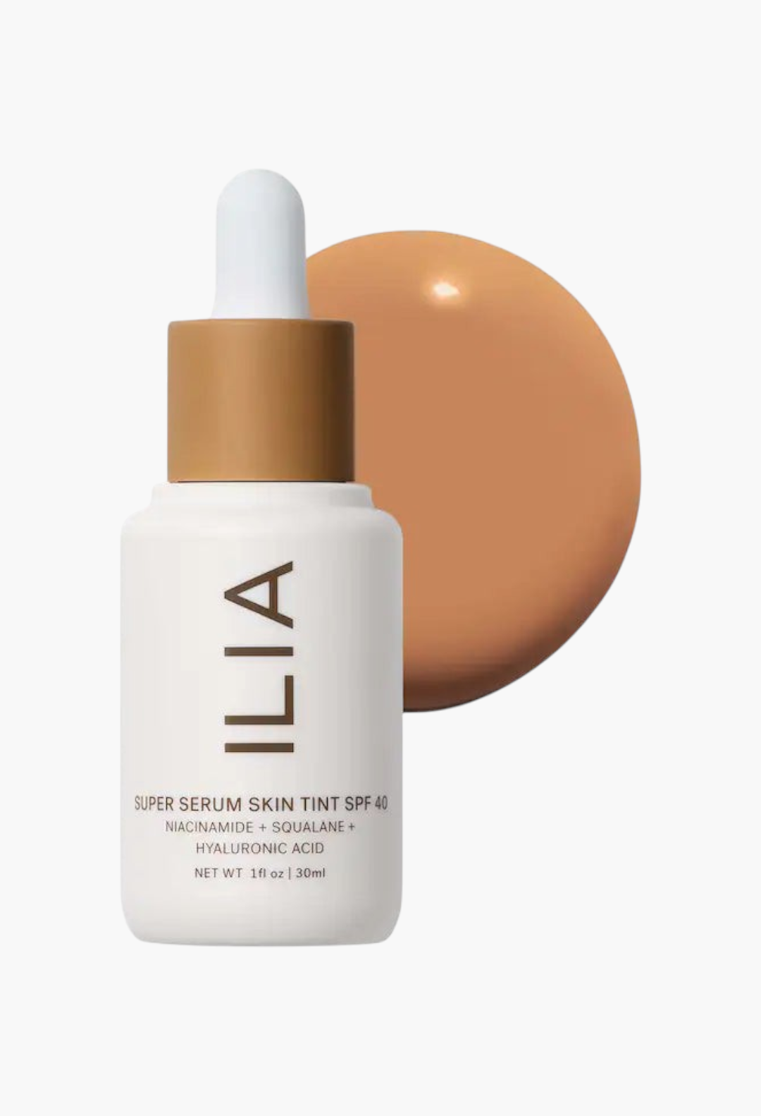 GLAM MODA ILIA Super Serum Skin Tint SPF 40 bottle with a swatch of liquid foundation on a white background