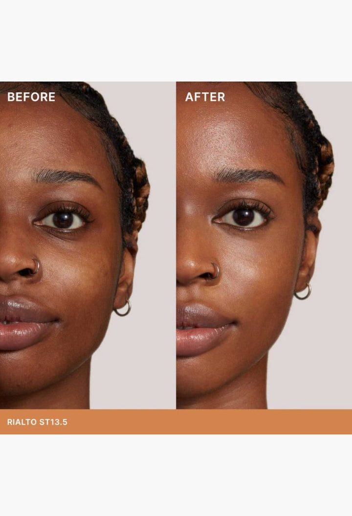 GLAM MODA Super Serum Skin Tint SPF 40 before and after application showing radiant finish and even skin tone