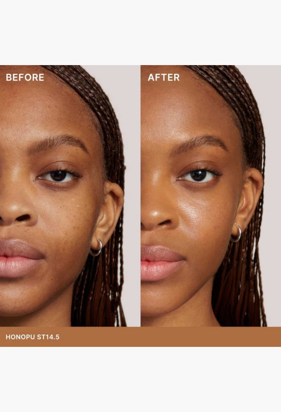 GLAM MODA Super Serum Skin Tint before and after application on a model showing radiant coverage and even skin tone.
