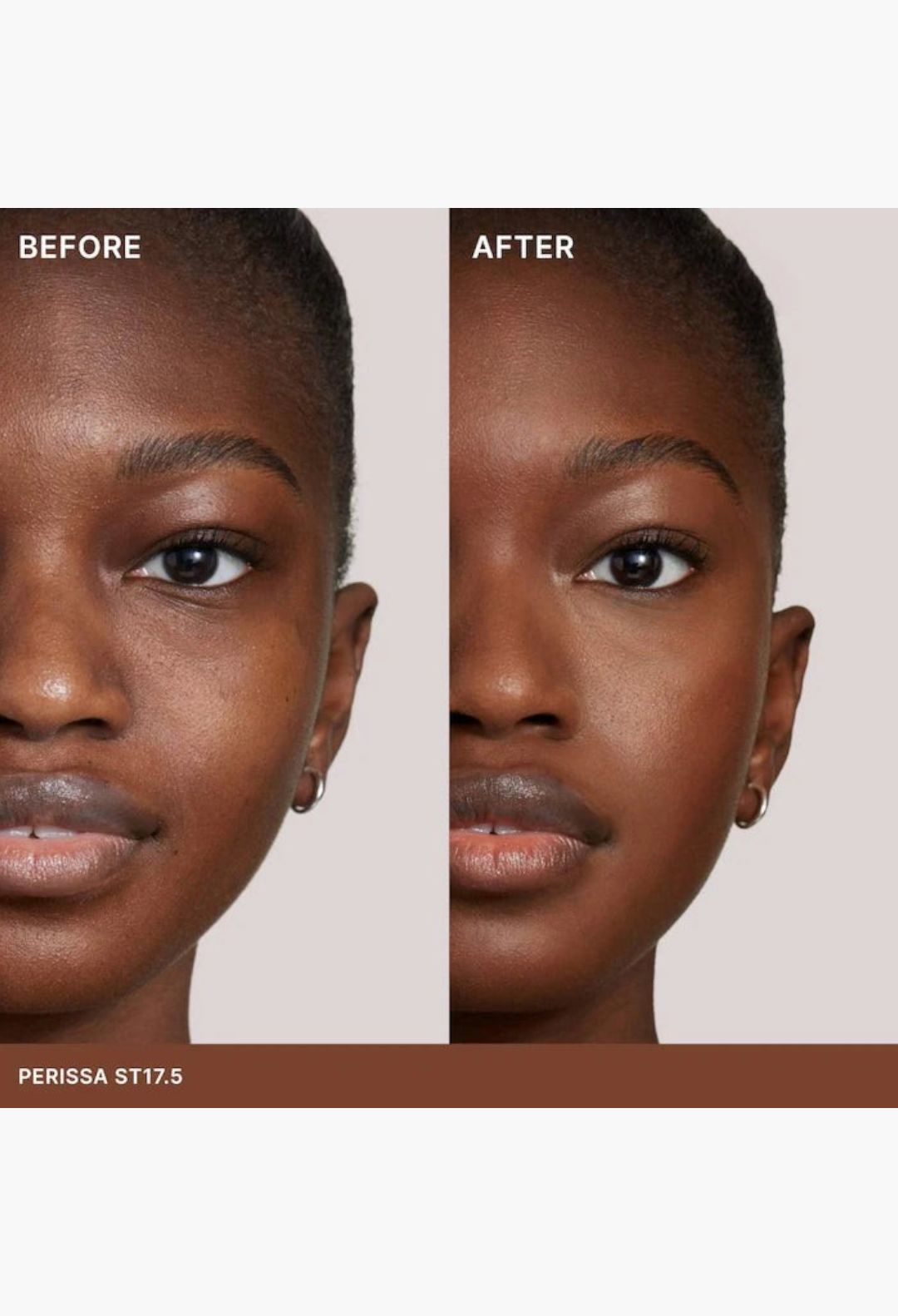 GLAM MODA Super Serum Skin Tint SPF 40 showing a before and after comparison of radiant light coverage on dark skin.