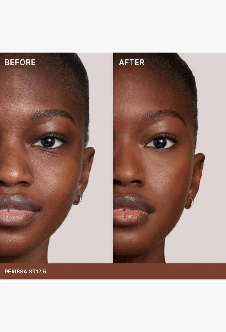 GLAM MODA Super Serum Skin Tint SPF 40 showing a before and after comparison of radiant light coverage on dark skin.