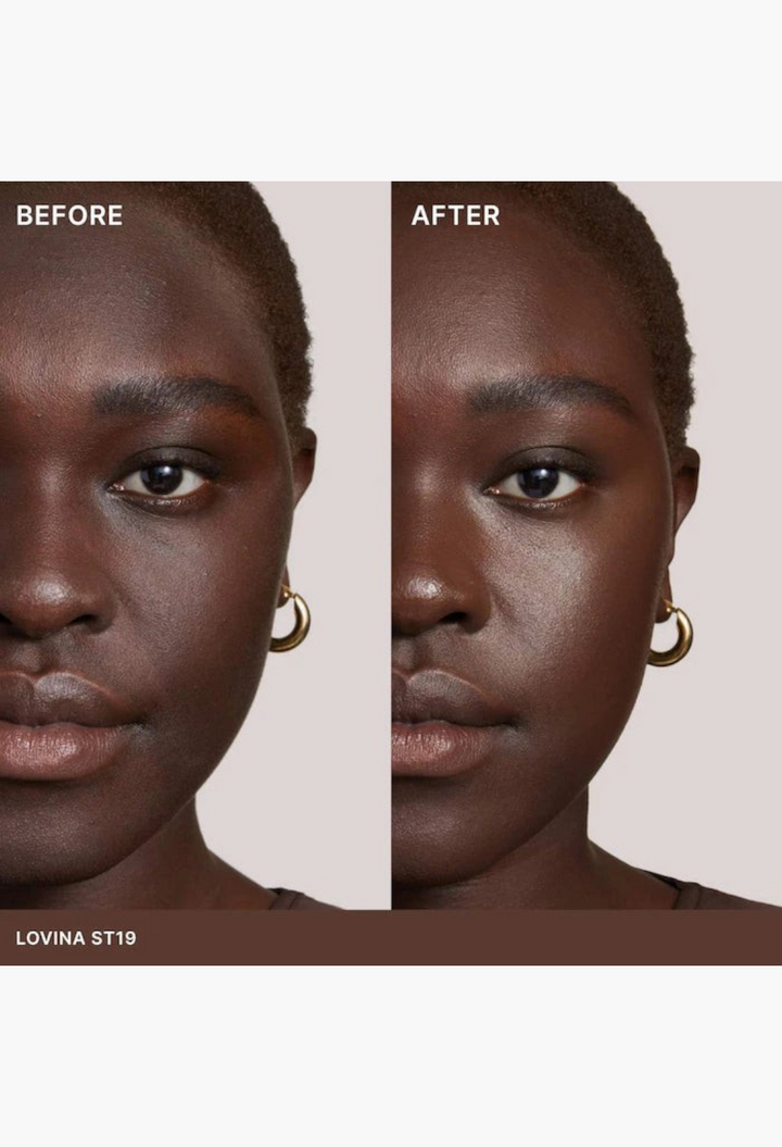 GLAM MODA Super Serum Skin Tint before and after application on a model showing radiant light coverage