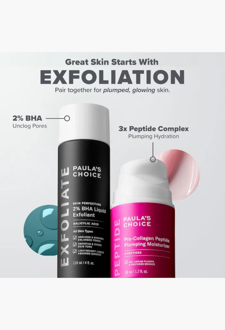 GLAM MODA Paula's Choice 2% BHA liquid exfoliant and Pro-Collagen Peptide plumping moisturizer skincare set