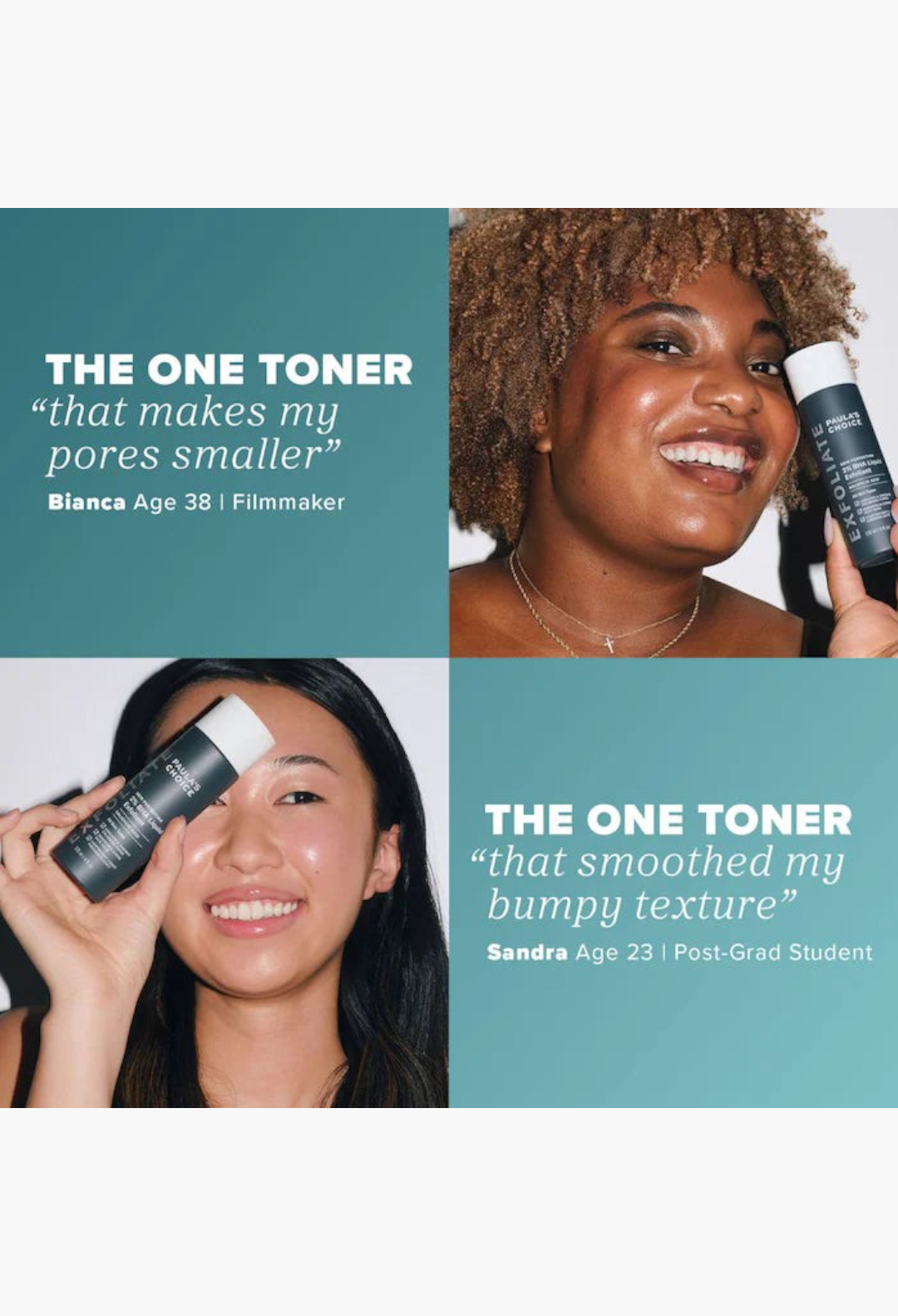 GLAM MODA Skin Perfecting 2% BHA Exfoliating Toner held by two smiling women with clear, glowing skin