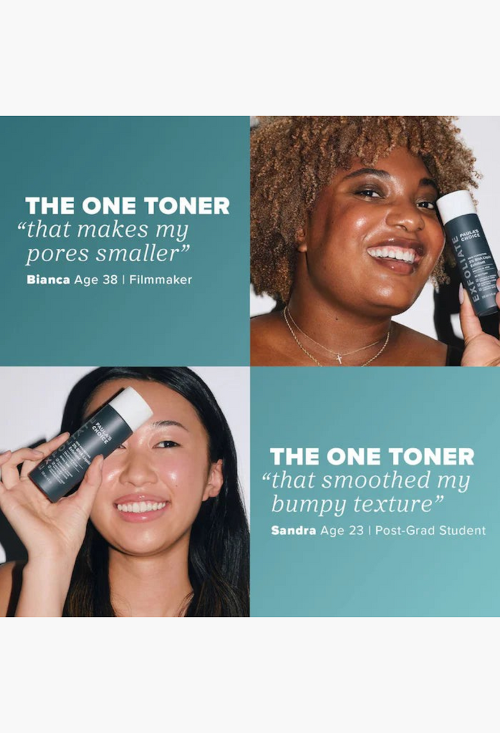 GLAM MODA Skin Perfecting 2% BHA Exfoliating Toner held by two smiling women with clear, glowing skin