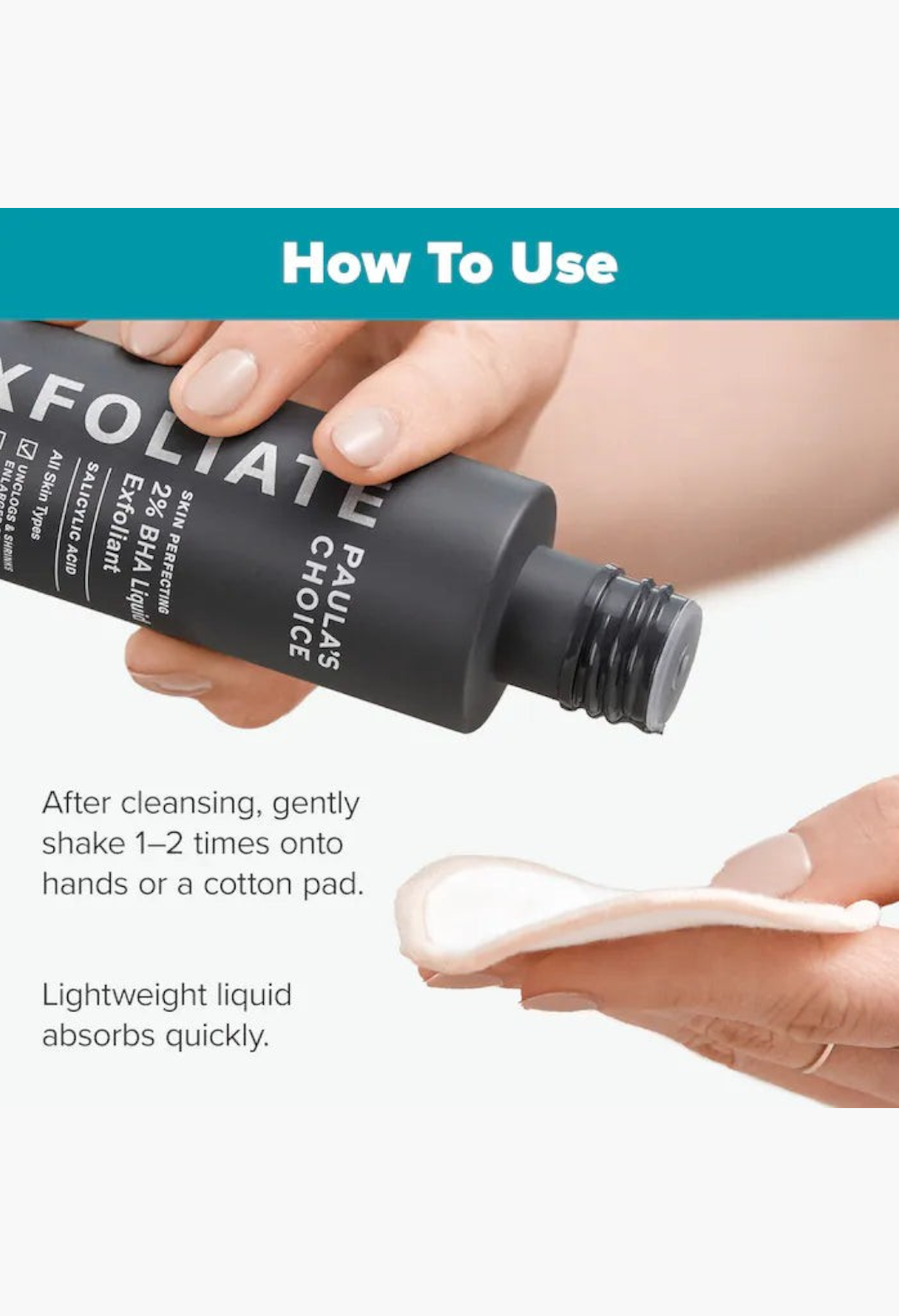 GLAM MODA Skin Perfecting 2% BHA liquid exfoliant being poured onto a cotton round for facial application.