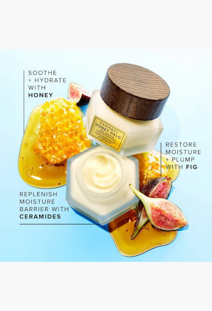 GLAM MODA Honey Halo ultra-hydrating ceramide moisturizer jar with honeycomb, fresh fig slices, and honey drizzle.