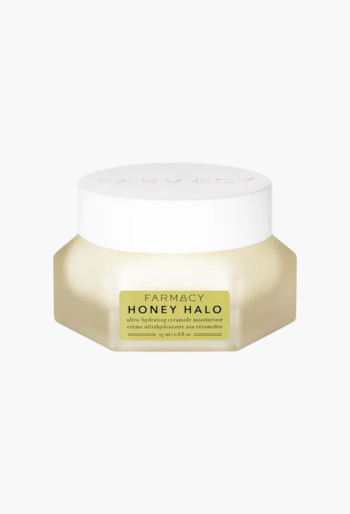 GLAM MODA Farmacy Honey Halo ultra-hydrating ceramide moisturizer in a glass jar with a white lid.