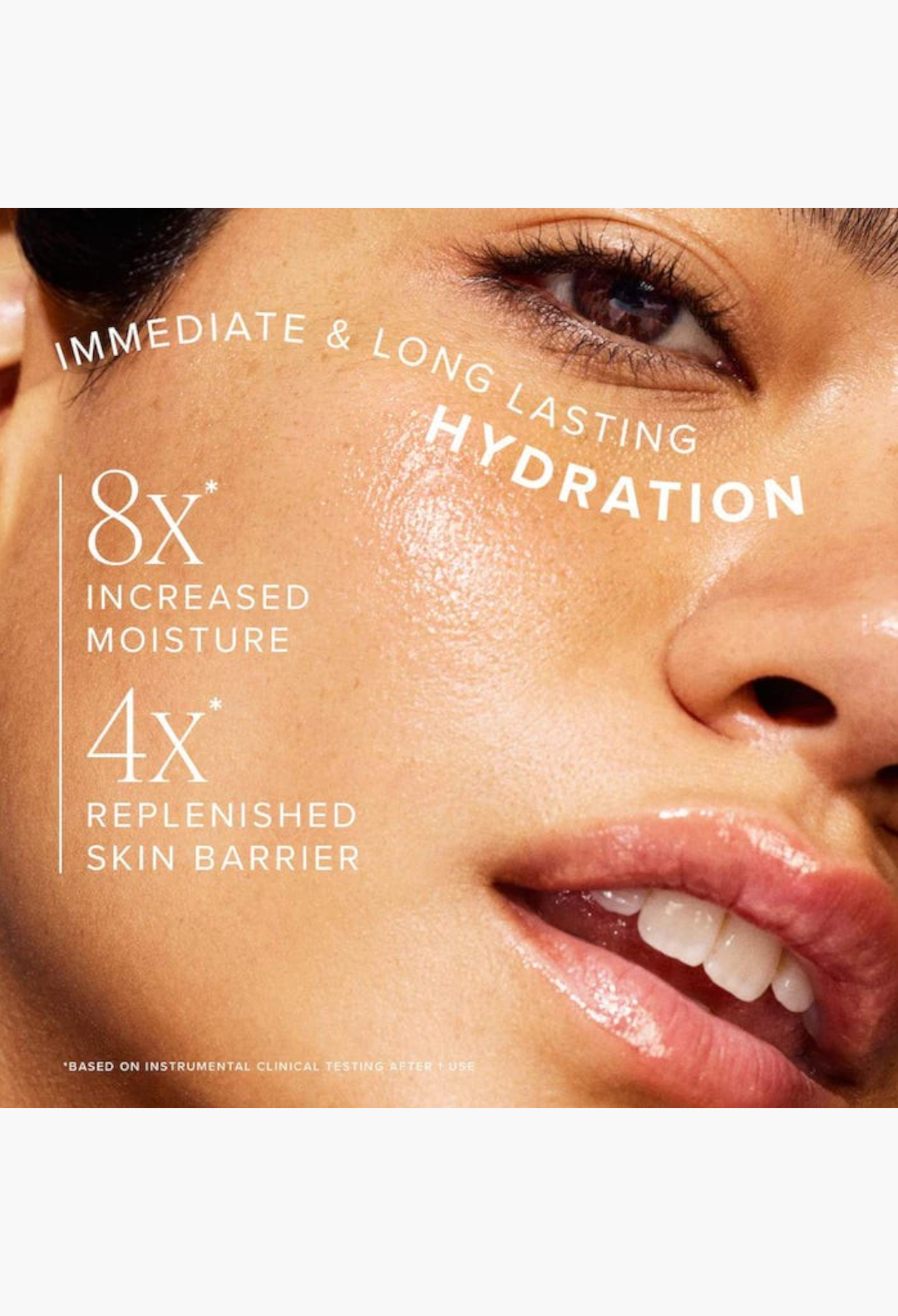 GLAM MODA Honey Halo moisturizer on glowing skin showing clinical results for 8x increased moisture and barrier repair