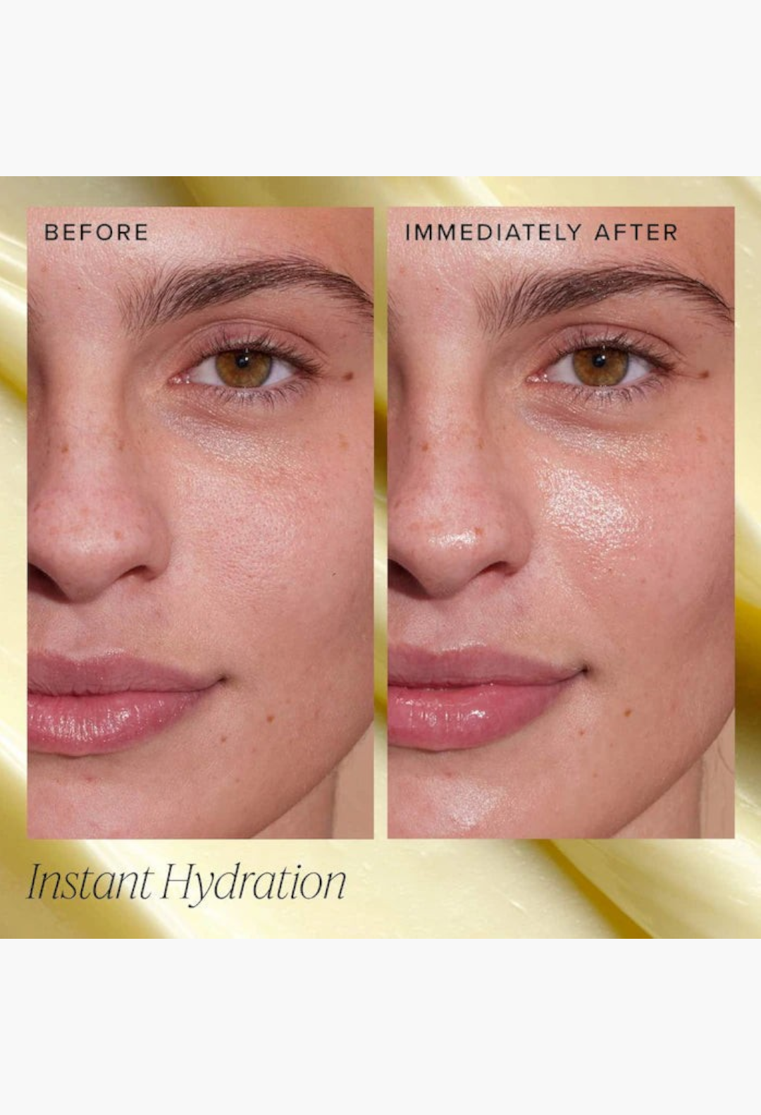 GLAM MODA Honey Halo moisturizer before and after application showing skin hydration and a healthy dewy glow.