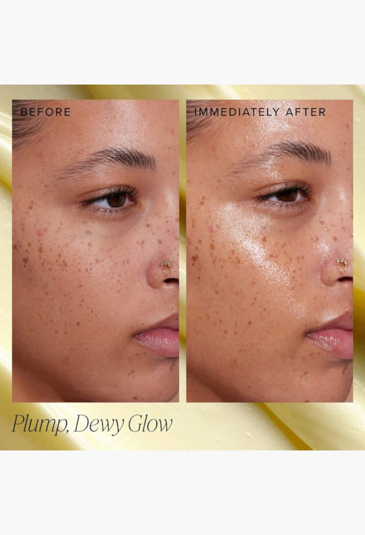 GLAM MODA Honey Halo moisturizer before and after application showing hydrated, dewy skin on a model