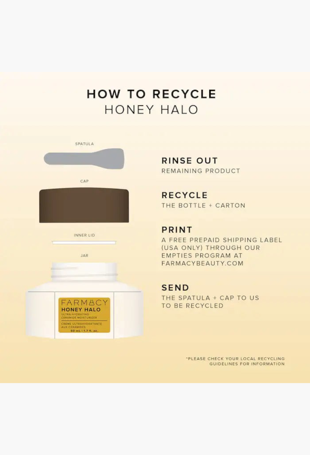 GLAM MODA Honey Halo moisturizer jar with spatula and recycling instructions for sustainable skincare packaging
