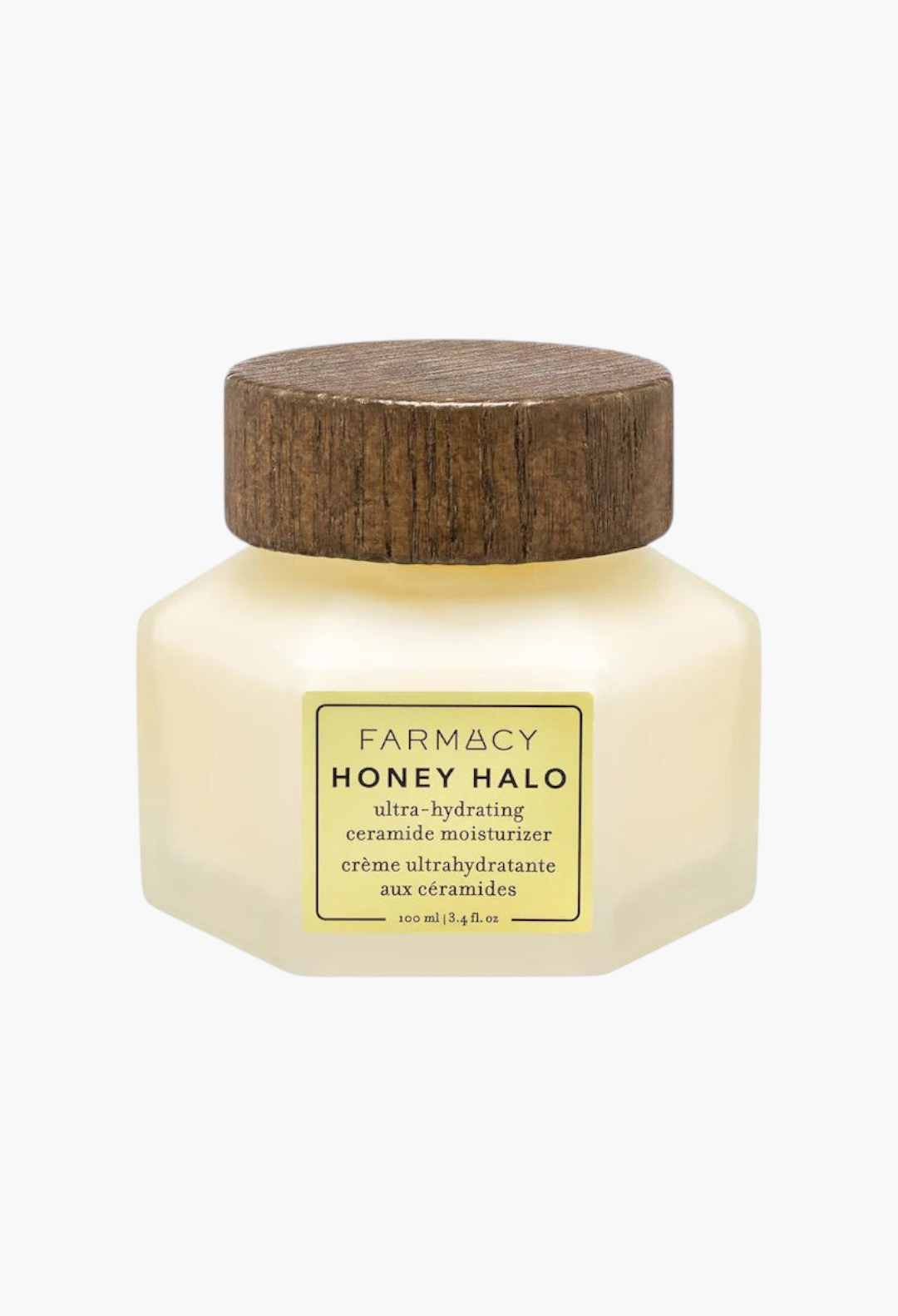 GLAM MODA Honey Halo ultra-hydrating ceramide moisturizer in a hexagonal glass jar with a wooden lid.