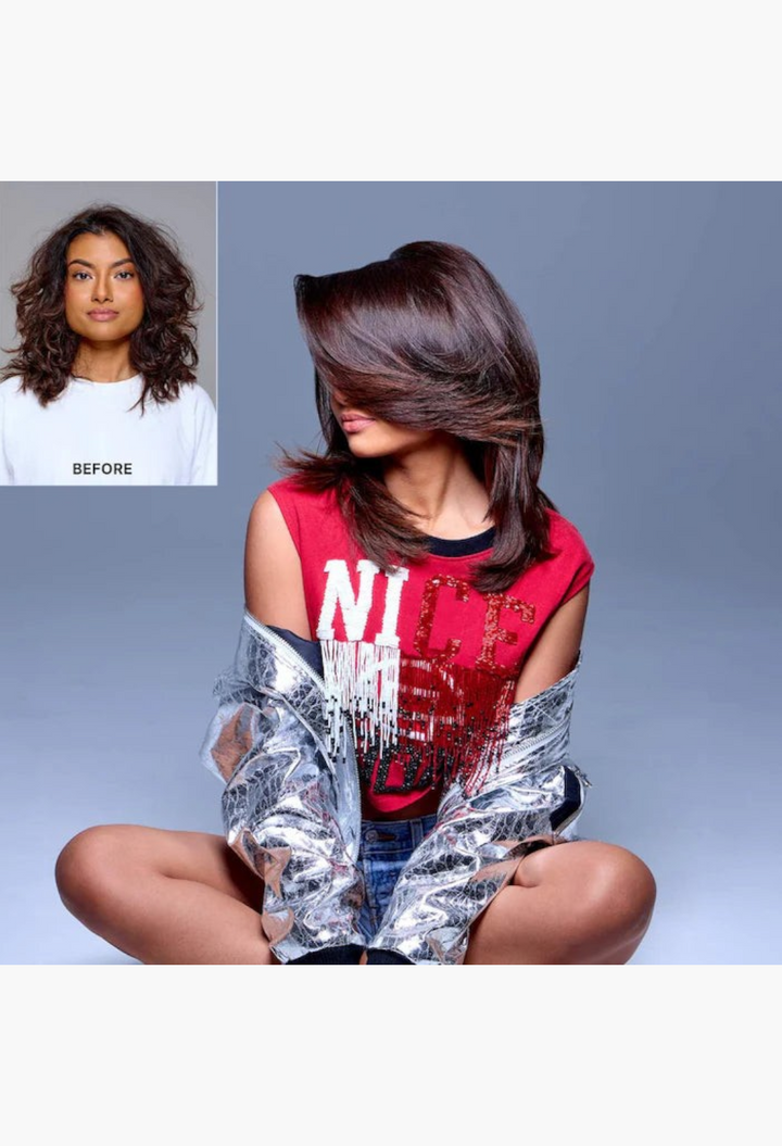 GLAM MODA before and after results of Dream Coat anti-frizz treatment showing sleek, glossy, and smooth hair.