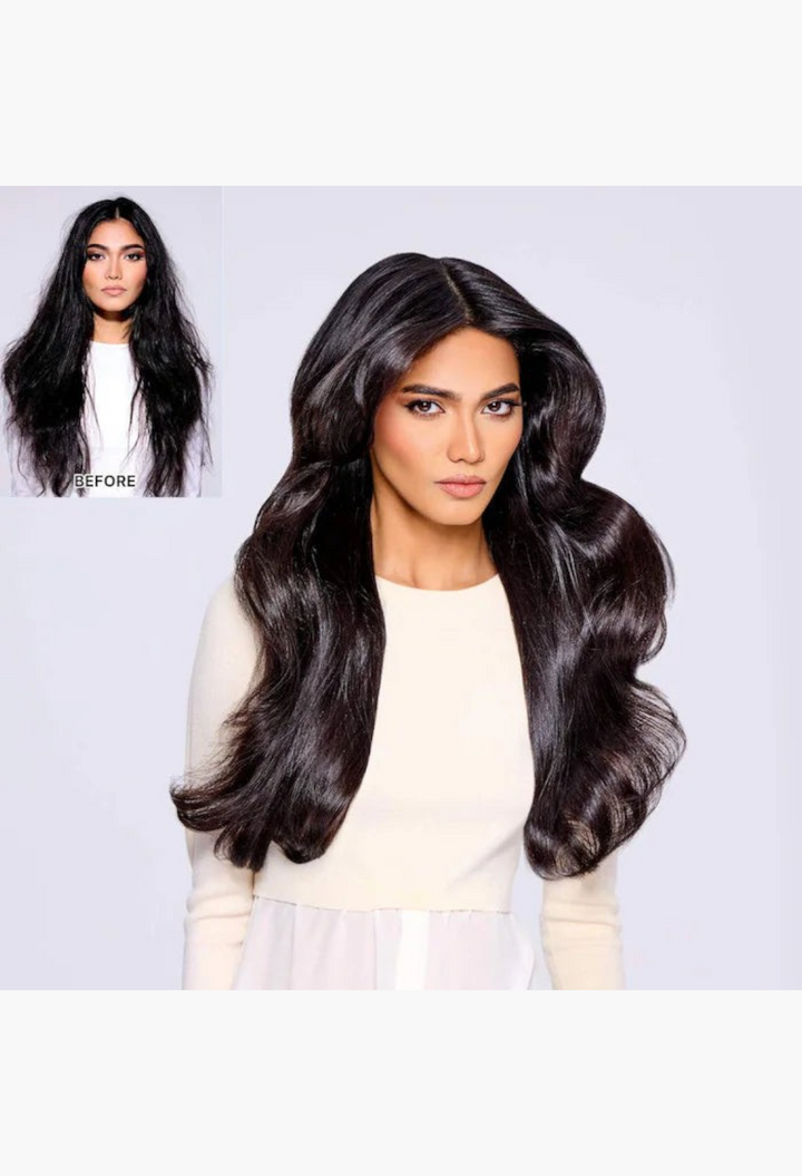 GLAM MODA Dream Coat anti-frizz spray results showing a woman with smooth, glossy, voluminous hair after treatment.