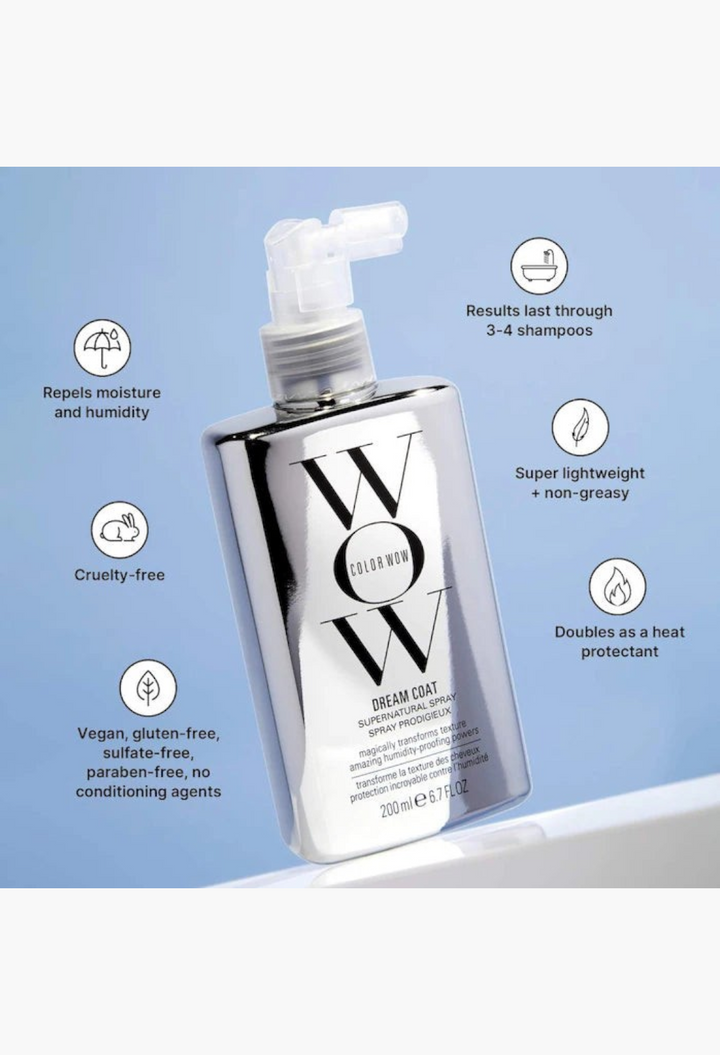 GLAM MODA Color Wow Dream Coat anti-frizz spray bottle with product benefits listed on a light blue background