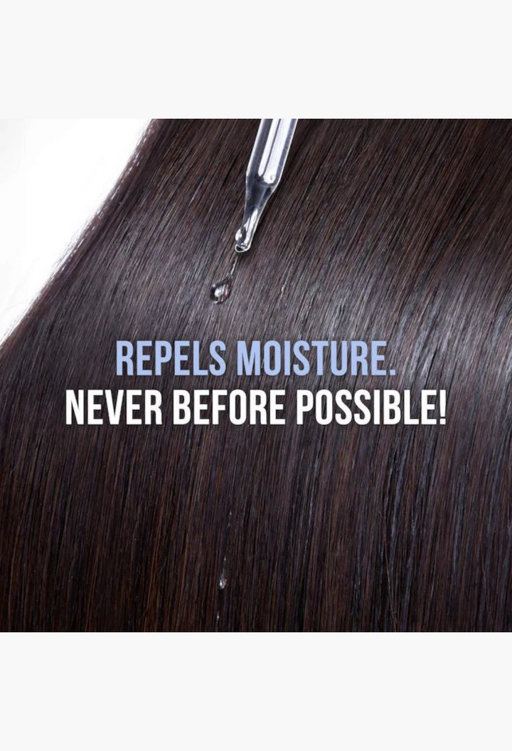 GLAM MODA Dream Coat anti-frizz spray demonstrating water-repellent technology on smooth, glossy dark hair