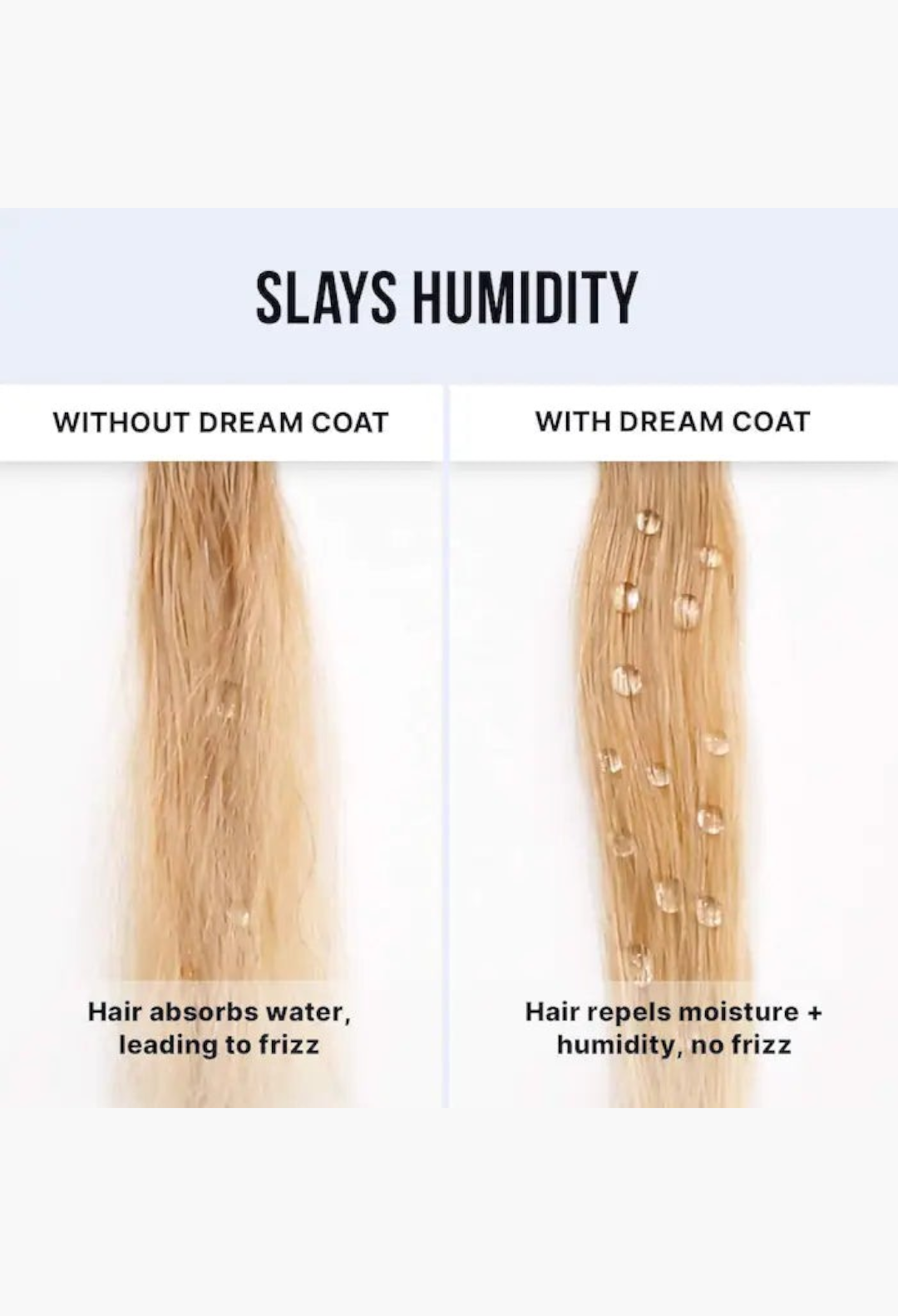 GLAM MODA Dream Coat anti-frizz treatment comparison showing hair repelling water droplets for a smooth finish