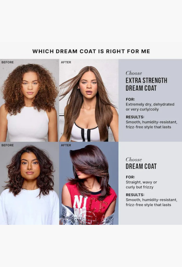 GLAM MODA comparison chart showing before and after results of Dream Coat anti-frizz hair treatment on two models.