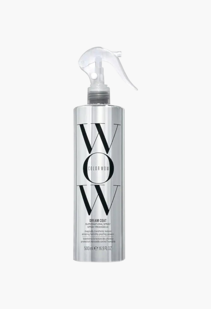 GLAM MODA Color Wow Dream Coat anti-frizz blow dry treatment spray in a silver bottle with a clear trigger sprayer.