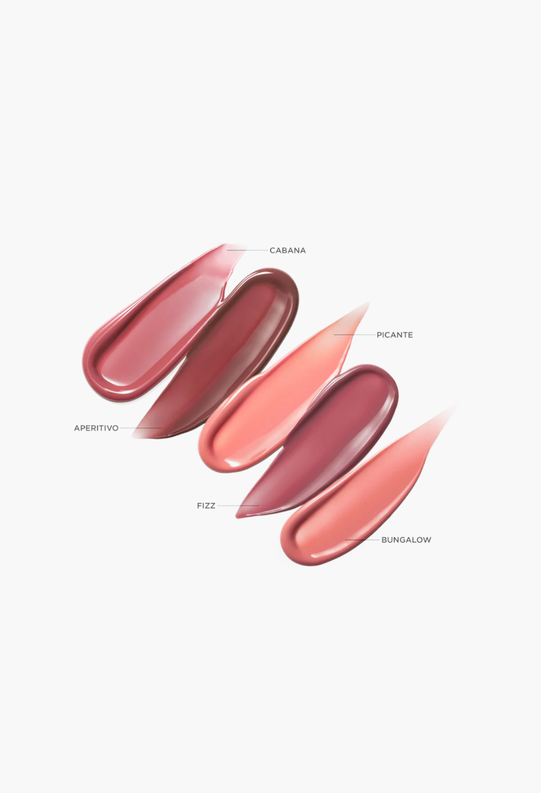 GLAM MODA Posh Gloss lip gloss swatches in five shades including pink, berry, and peach with a high-shine finish.