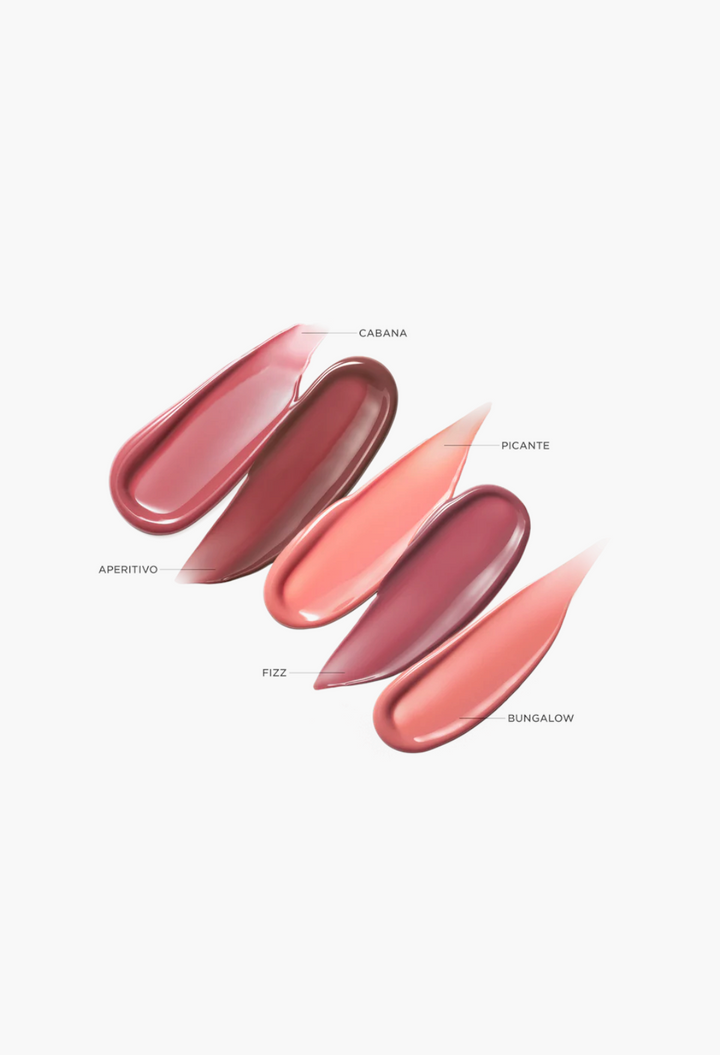 GLAM MODA Posh Gloss lip gloss swatches in five shades including pink, berry, and peach with a high-shine finish.