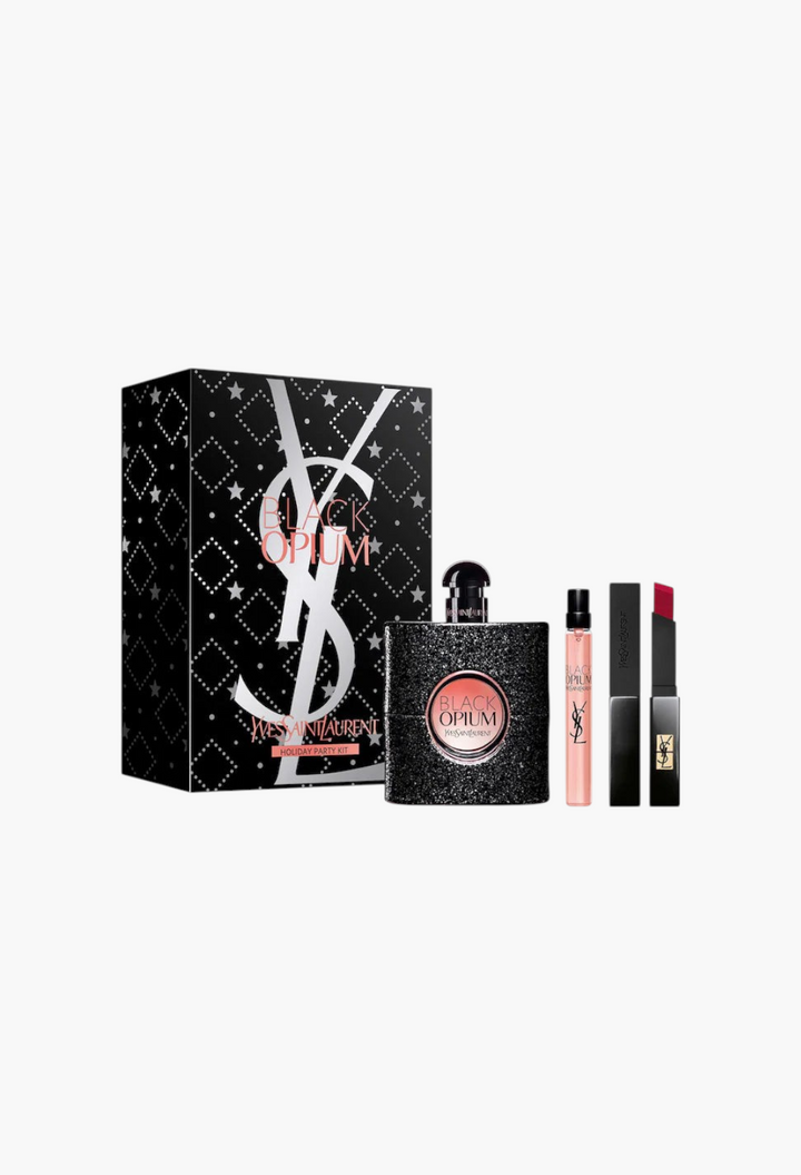 GLAM MODA Black Opium three-piece gift set featuring perfume bottles and a red lipstick in a star-patterned box.