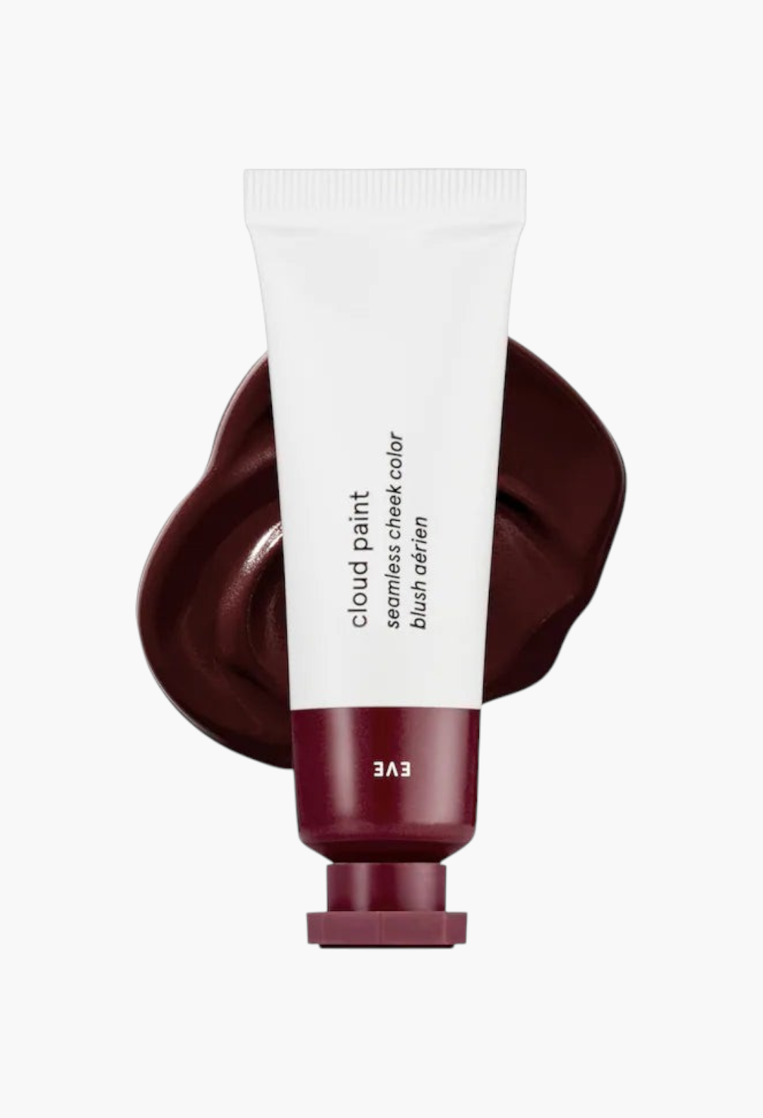 GLAM MODA Cloud Paint gel-cream blush in Eve, a deep berry shade, shown in a squeeze tube with a swatch of product.