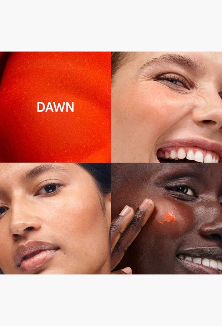 GLAM MODA Cloud Paint gel cream blush in shade Dawn, shown in a collage of soft, dewy, sunset-inspired cheek flushes.