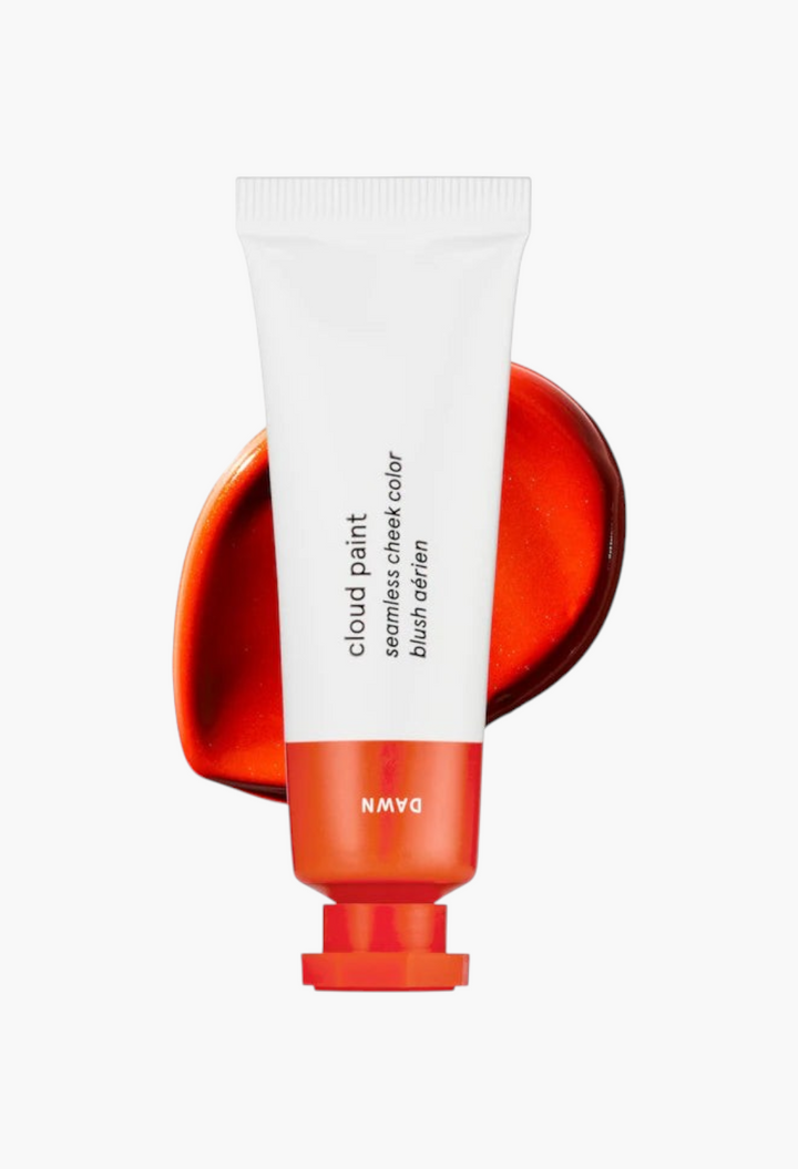 GLAM MODA Cloud Paint gel-cream blush in Dawn, a vibrant orange shade with a smooth, dewy finish and paint tube design.