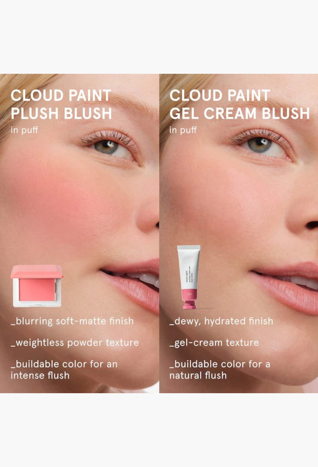 GLAM MODA Cloud Paint blush comparison showing soft-matte powder and dewy gel-cream finishes on a model's cheeks.