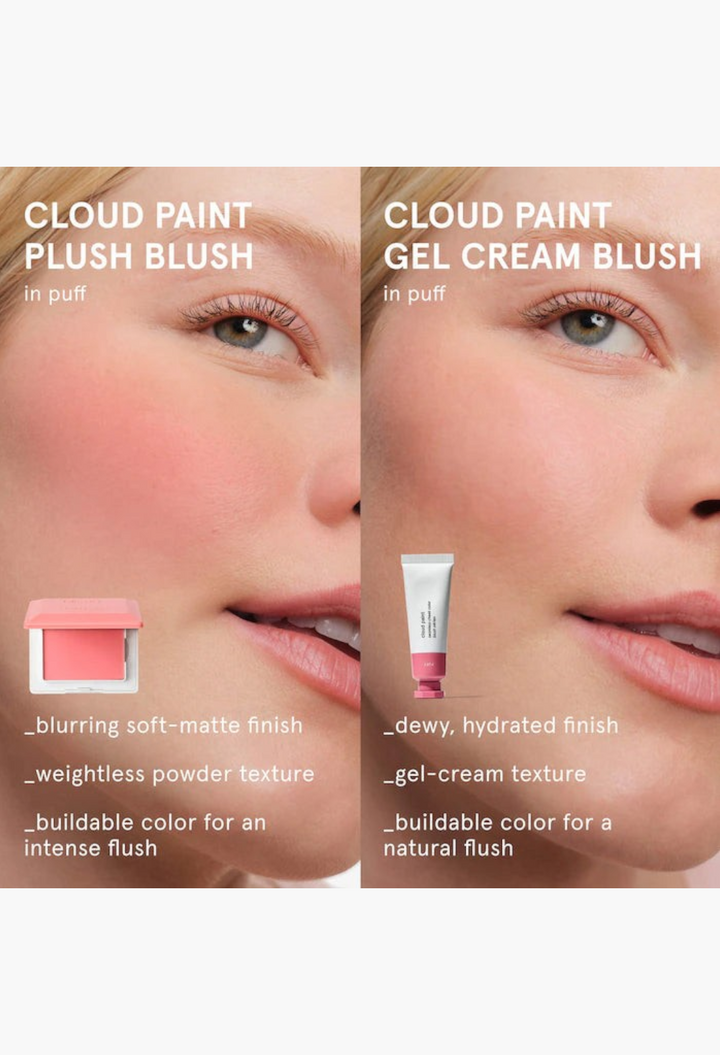 GLAM MODA Cloud Paint blush comparison showing soft-matte powder and dewy gel-cream finishes on a model's cheeks.