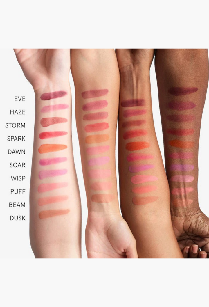 GLAM MODA Cloud Paint gel cream blush swatches in ten shades displayed on four different skin tones for comparison.